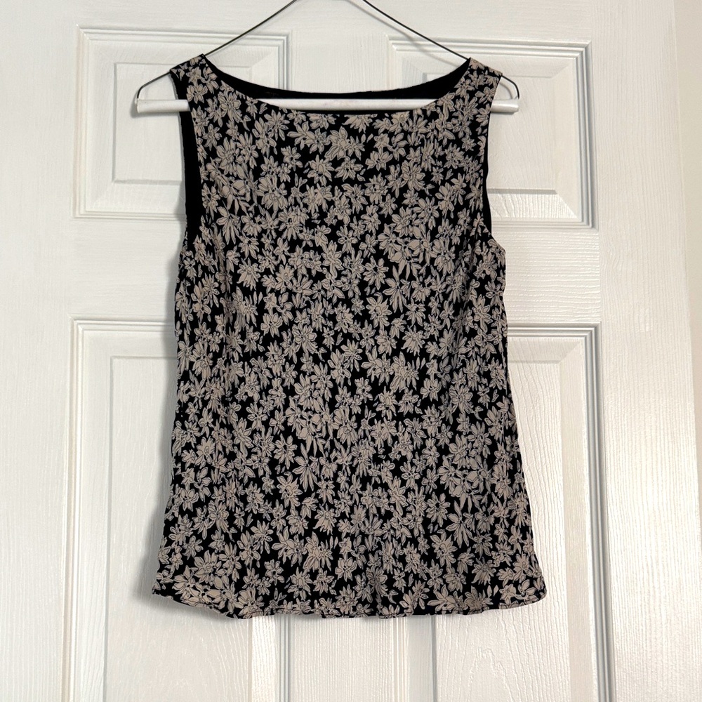 Lauren Ralph Lauren - 100% Silk Navy and Cream Floral Sleeveless Top
